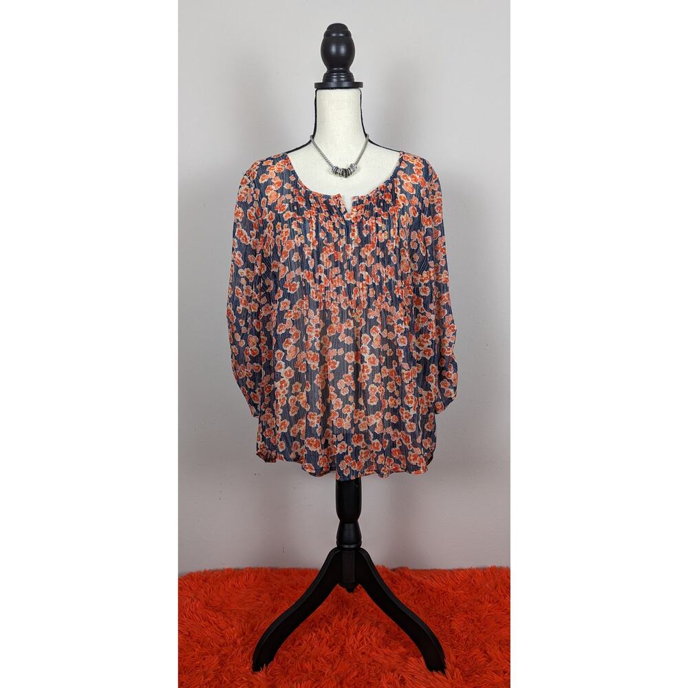 Torrid Orange & Blue Floral Poppy Semi Sheer Notched Neck Pintuck Blouse Top 1X